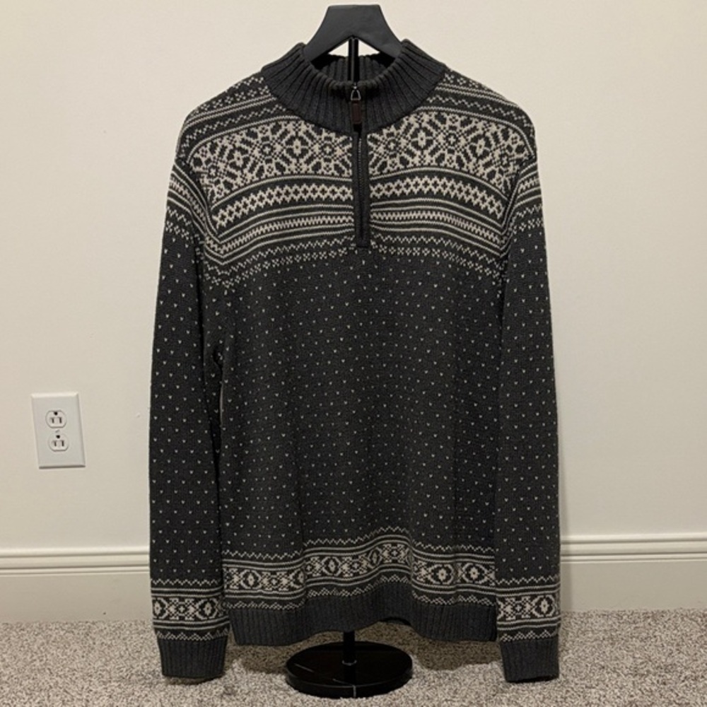 Chaps Men's Gray and Cream Zip-Up Nordic Sweater